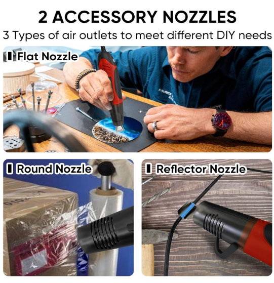 350W Heat Gun with 2 Nozzles, Dual Temp Heat Gun 400°F-660°F, Fast Heat Hot Air Gun with Overload Protection for DIY Craft Embossing Shrink Wrapping (Red)