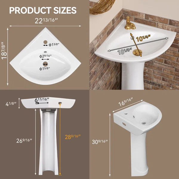 23" W X 19" D X 30.5" H Corner Vitreous China Pedestal Sink