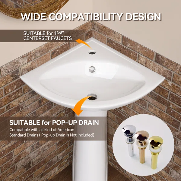 23" W X 19" D X 30.5" H Corner Vitreous China Pedestal Sink