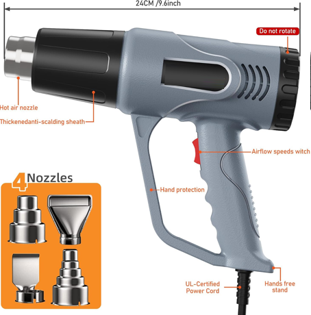 Heat Gun，572℉& 1112℉ Dual Temperature Control Heat gun', Overload Protection with 4 Nozzles for Crafting, hot air gun，Shrink Wrapping, Phone Repair, Epoxy Resin