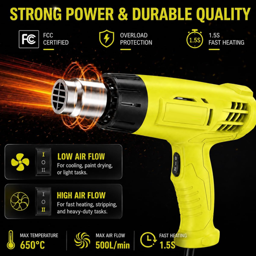 Heat Gun 1500W, Hot Air Gun Kit Dual Temperature Settings 572℉~932℉