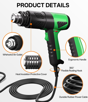 Heat Gun, 1800W Variable Temperature Hot Air Gun with 4 Nozzles