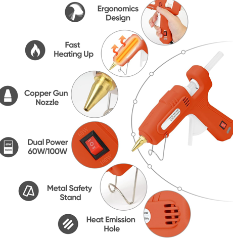60/100W Dual Temp Hot Glue Gun and Sticks Set, Full Size with Case