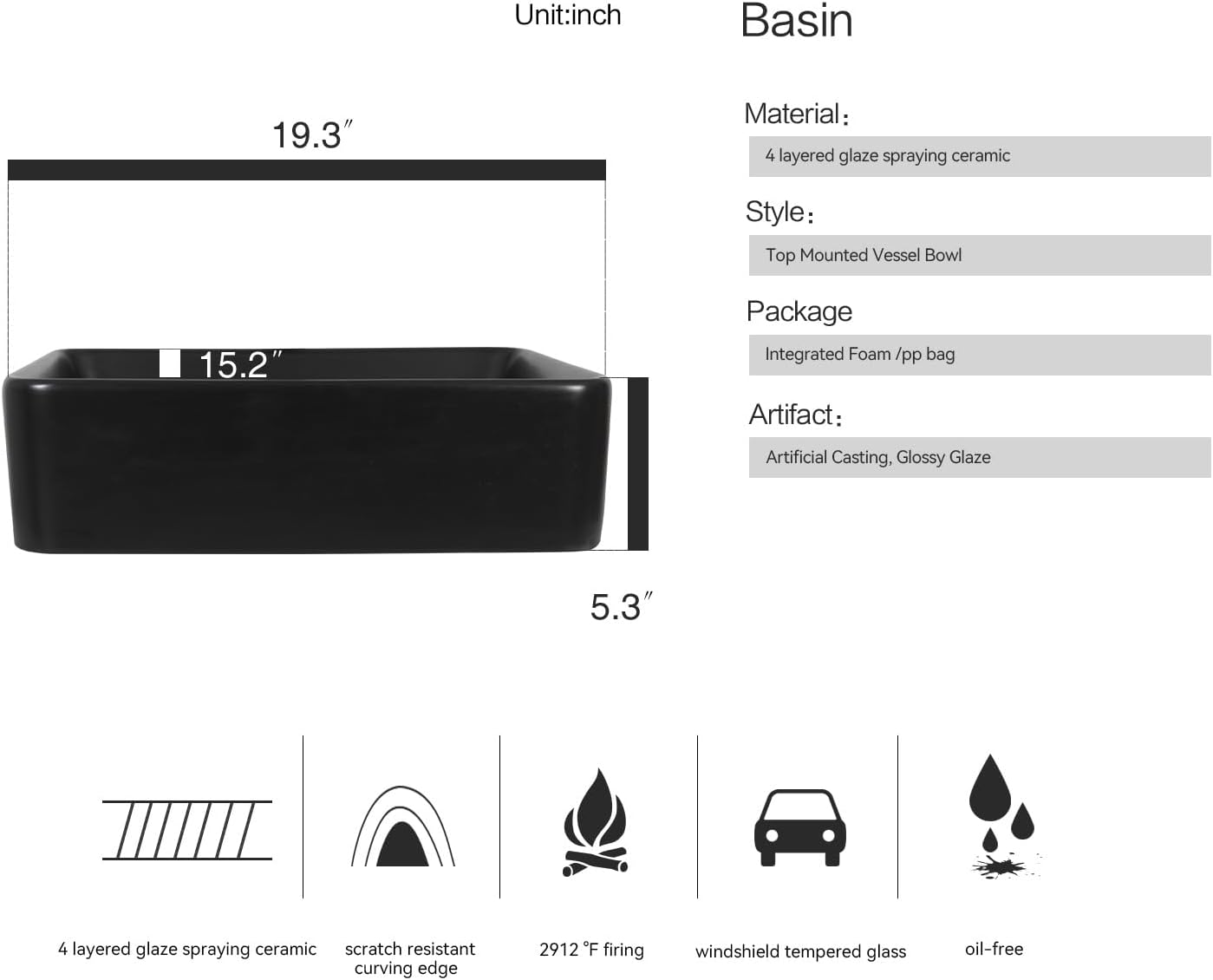 Black 19" x 15" Above Counter Porcelain Vessel Sink