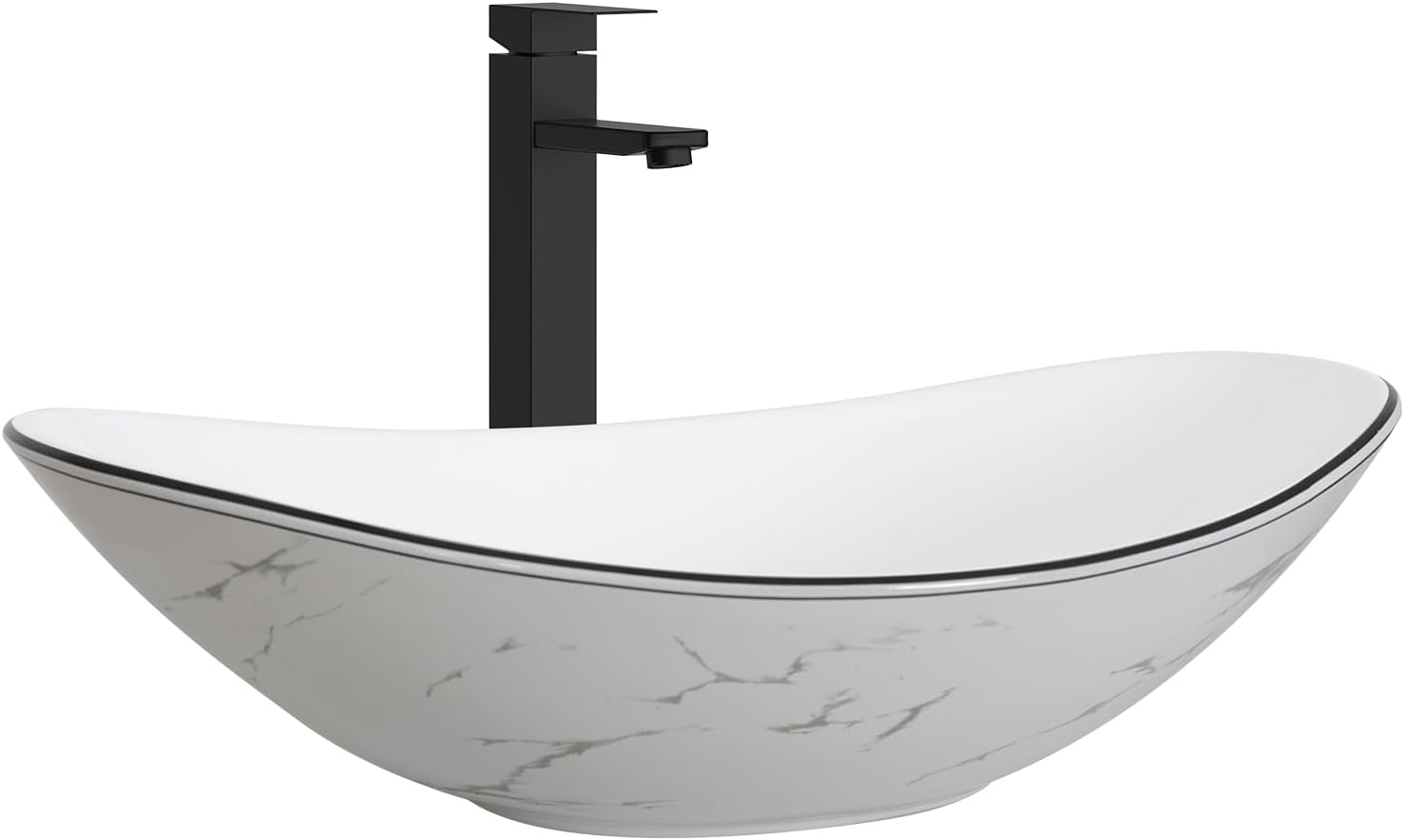 White Marble Boat Shape Above Counter Porcelain Vessel Sink 