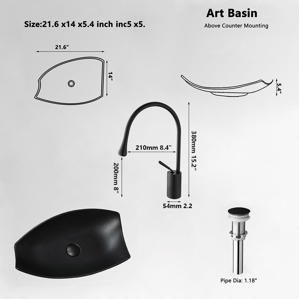 Bathroom Vessel Sink with High Arc Faucet and Pop-Up Drain Combo