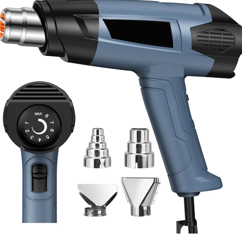 Heat Gun, Heavy Duty Fast Heating, Variable Control 120°F~1200°F (50℃-500℃) 4 Nozzles Heat Gun for Crafting, Shrink Tubing,Vinyl Wrap (Blue)