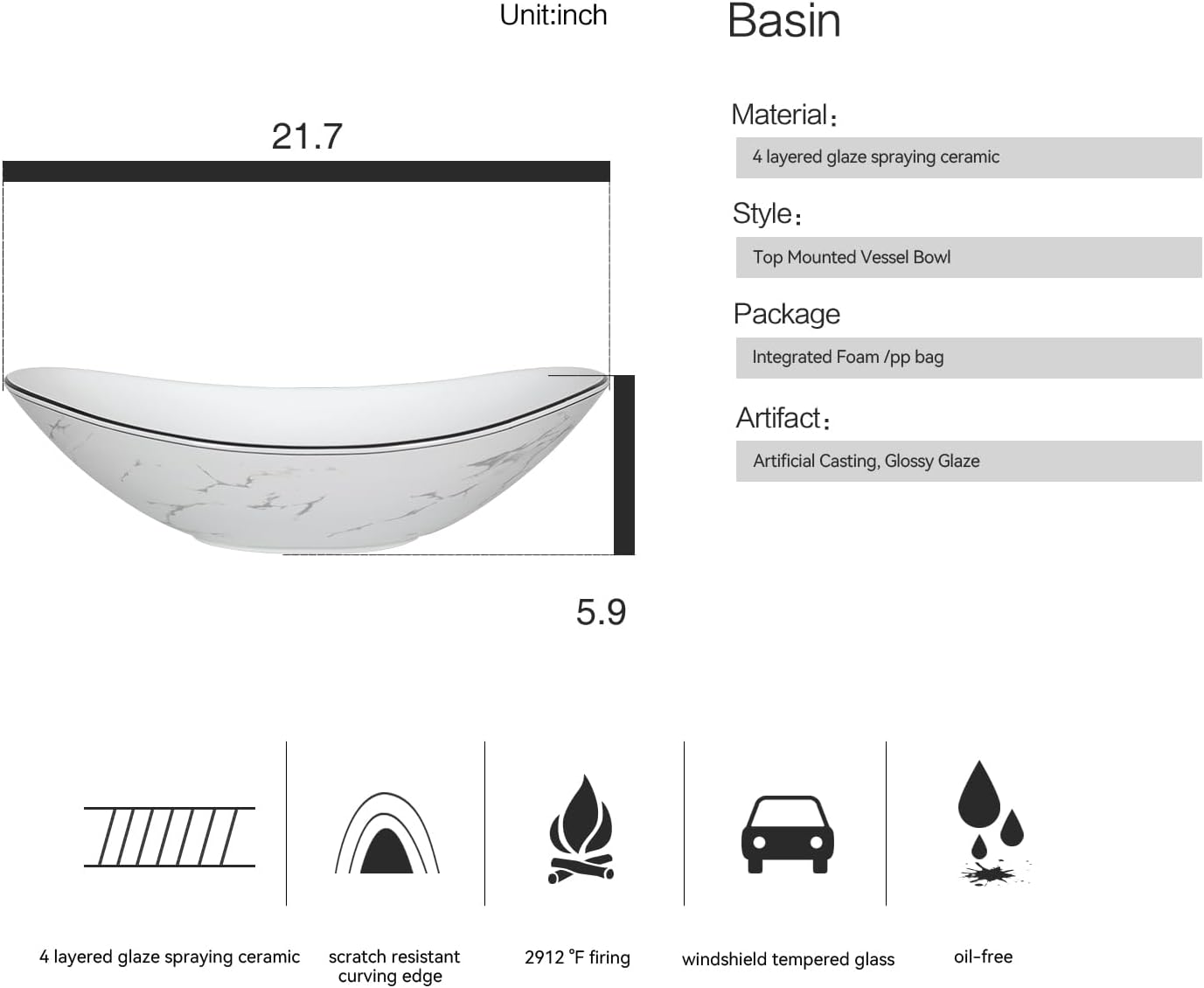 White Marble Boat Shape Above Counter Porcelain Vessel Sink 