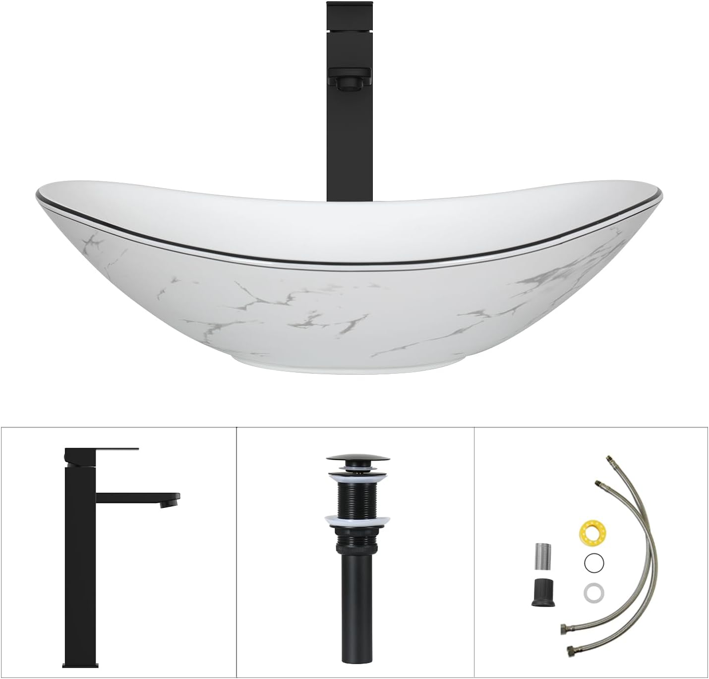 White Marble Boat Shape Above Counter Porcelain Vessel Sink 