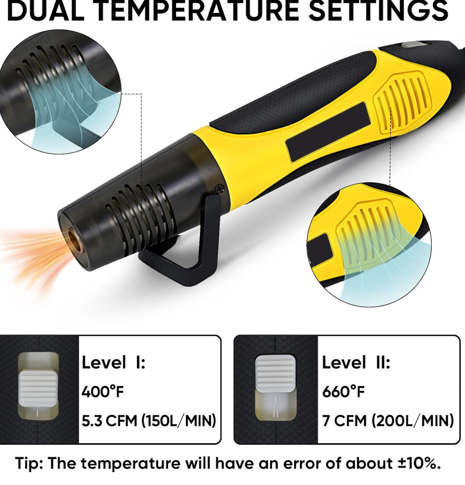 350W Heat Gun with 2 Nozzles, Dual Temp Heat Gun 400°F-660°F, Fast Heat Hot Air Gun with Overload Protection for DIY Craft Embossing Shrink Wrapping (Yellow)