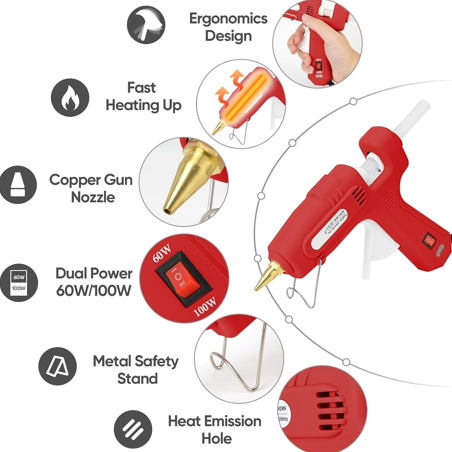 60/100W Dual Temp Hot Glue Gun and Sticks Set, Full Size with Case