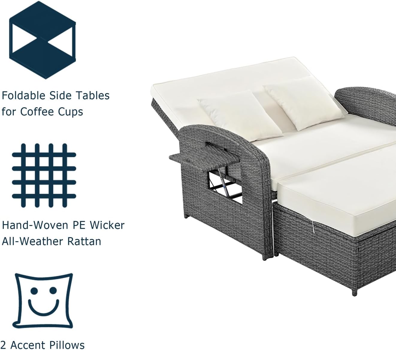 2 Person Patio PE Wicker Rattan Daybed Recliner with Cushions, Pillows, Storage Footrest & Protective Cover