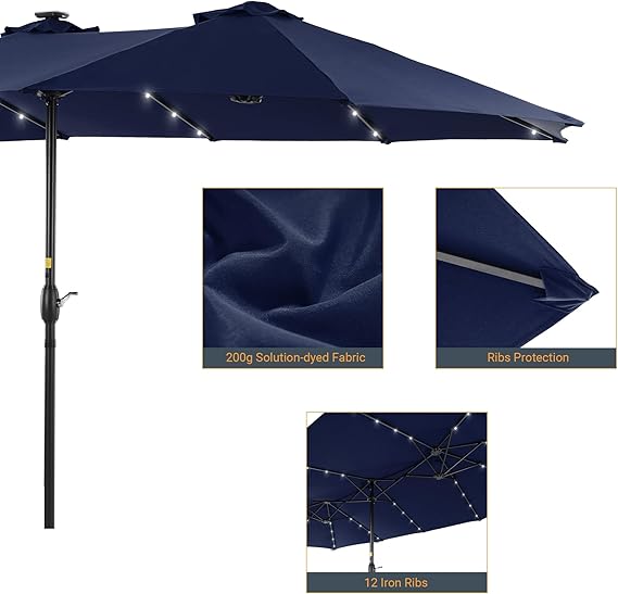 15ft Large Patio Umbrella with Solar Lights  No Base Navy