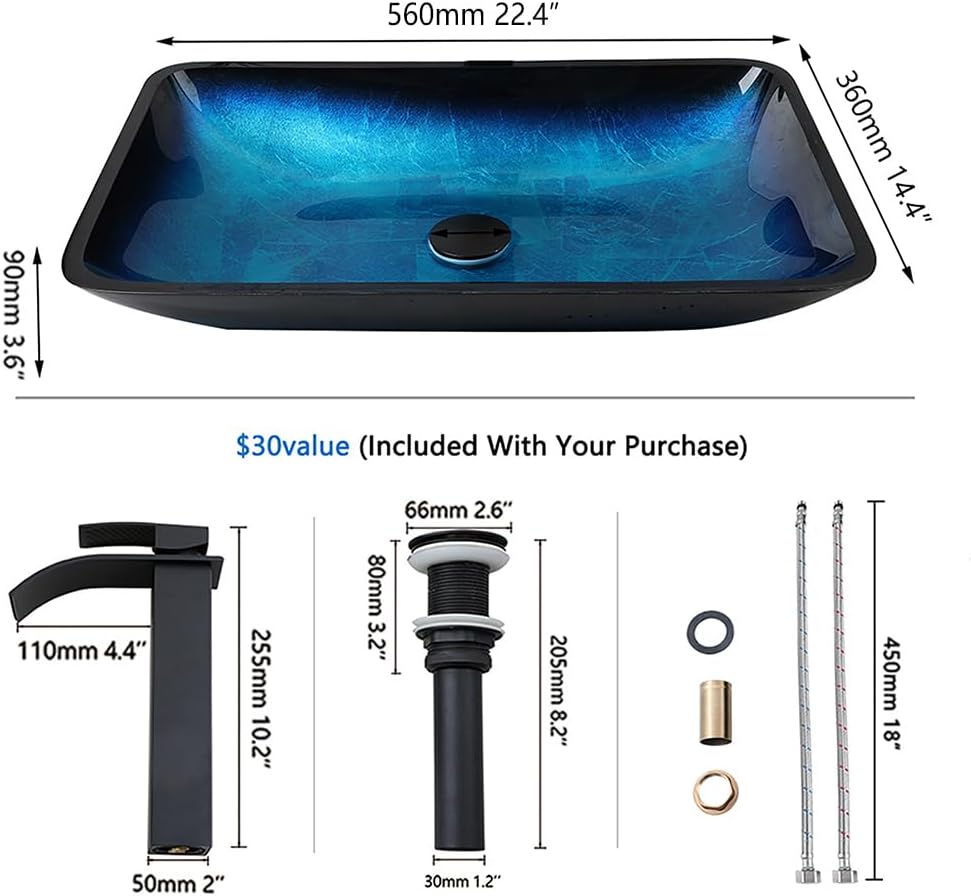 Bathroom Vessel Sink 22 Inch Blue Glass Sink Art Basin