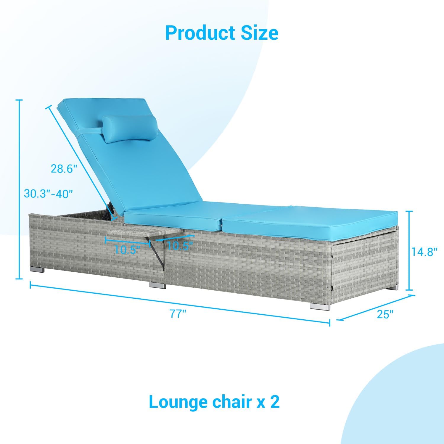 Patio Pool Lounge Chairs with Table, Outdoor Chaise Lounge Chair Set of 2 with Adjustable Backrest
