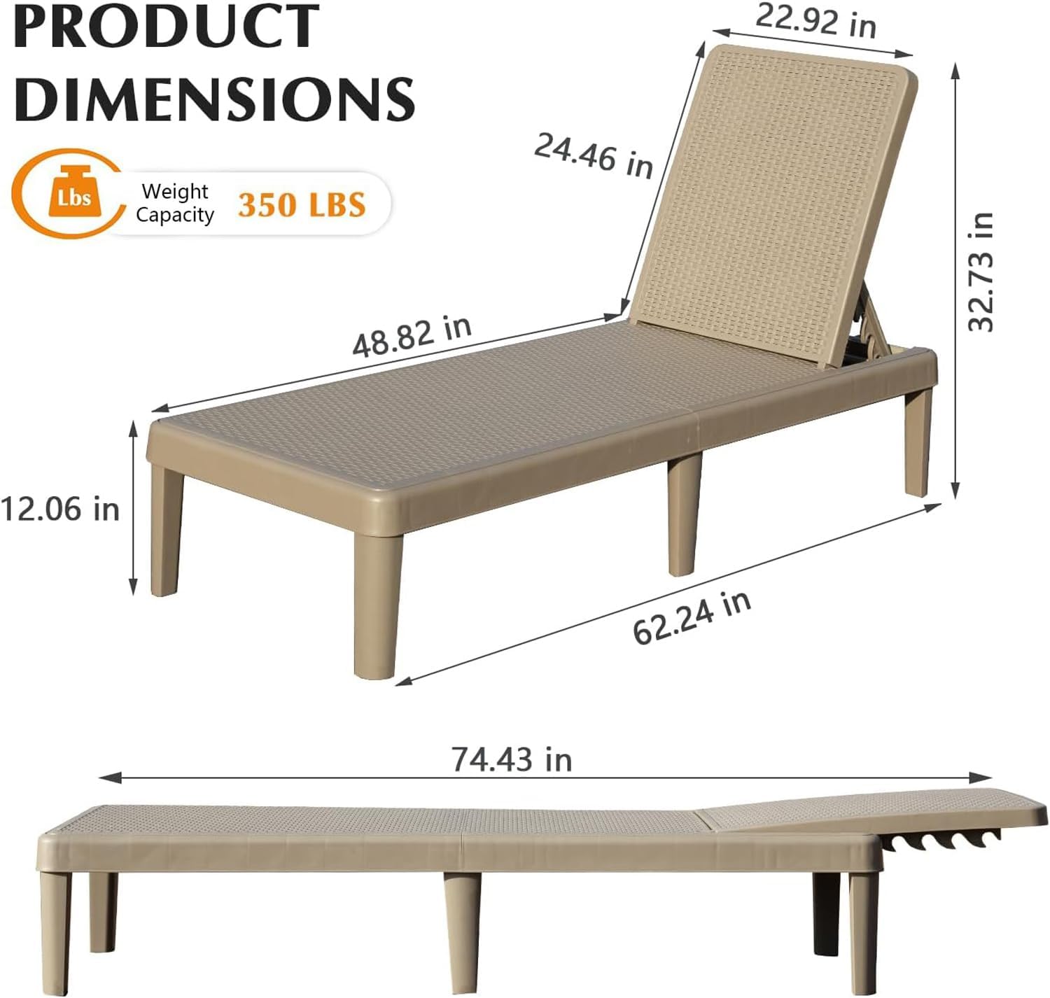 Pool Lounge Chairs Set of 2, Outdoor Resin Chaise Lounge Chairs with 6-Position Adjustable Backrest
