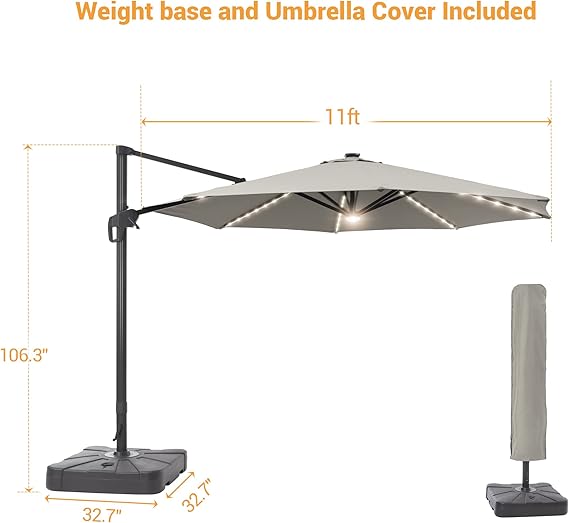11FT Patio Umbrella with Solar Lights Outdoor Cantilever Umbrella with Base Gray