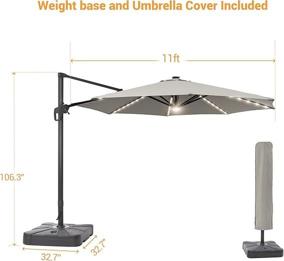 11FT Patio Umbrella with Solar Lights Outdoor Cantilever Umbrella with Base Gray