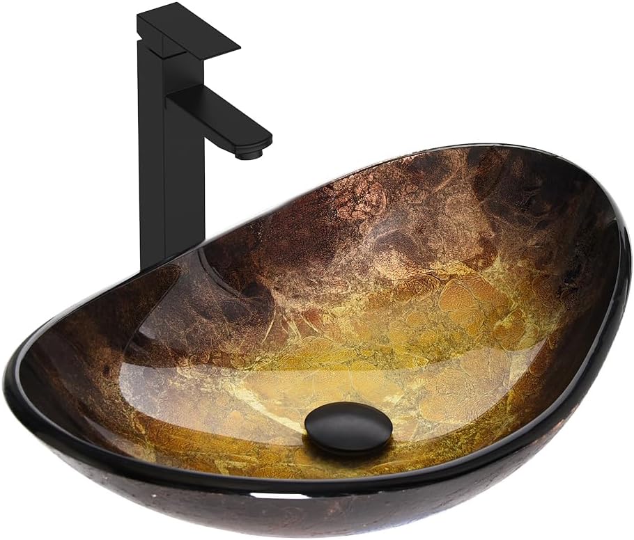Bathroom Boat Shape Artistic Glass Vessel Sink Free Black Faucet and Pop-up Drain Set