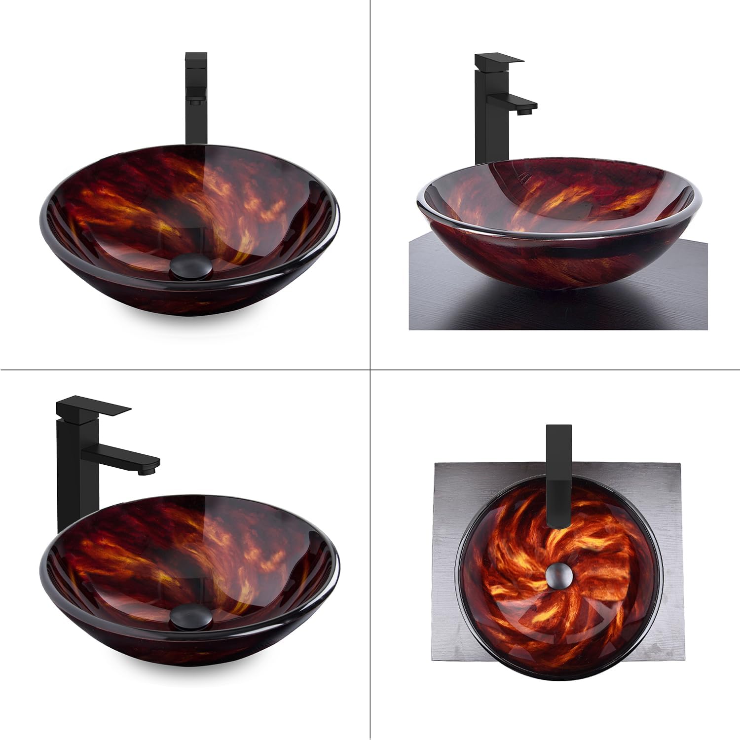 Tempered Glass Vanity Round Bowl with Black Faucet and Pop up drain Set