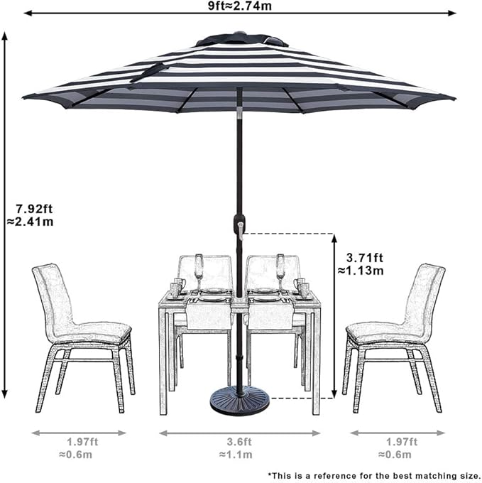 Outdoor Patio Umbrella 9 Ft Stripe with Crank and Tilt Black and White