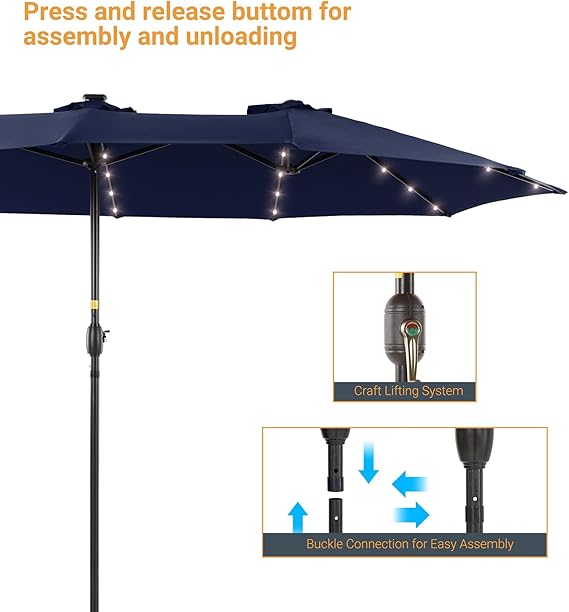 15ft Large Patio Umbrella with Solar Lights  No Base Navy