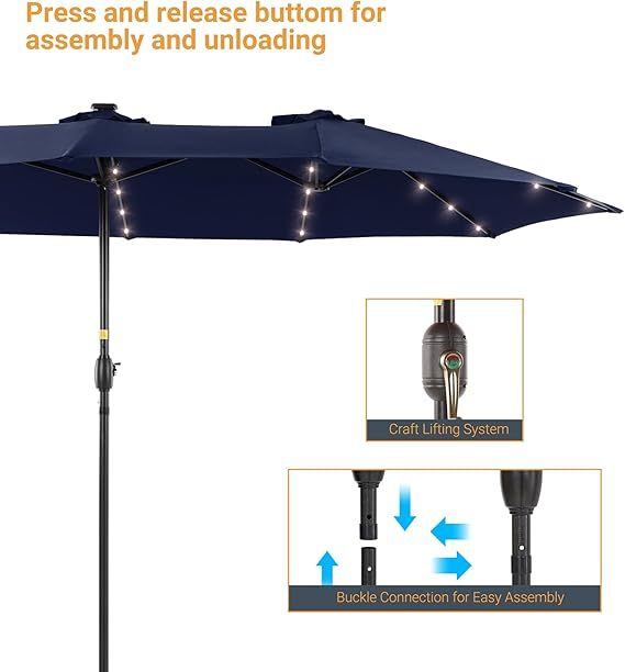 15ft Large Patio Umbrella with Solar Lights  No Base Navy