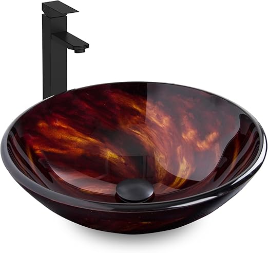 Tempered Glass Vanity Round Bowl with Black Faucet and Pop up drain Set