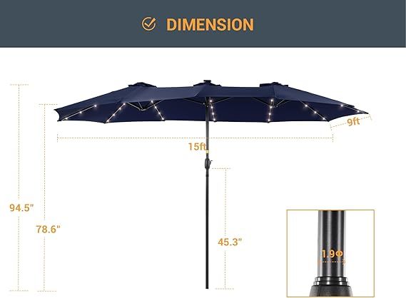 15ft Large Patio Umbrella with Solar Lights  No Base Navy