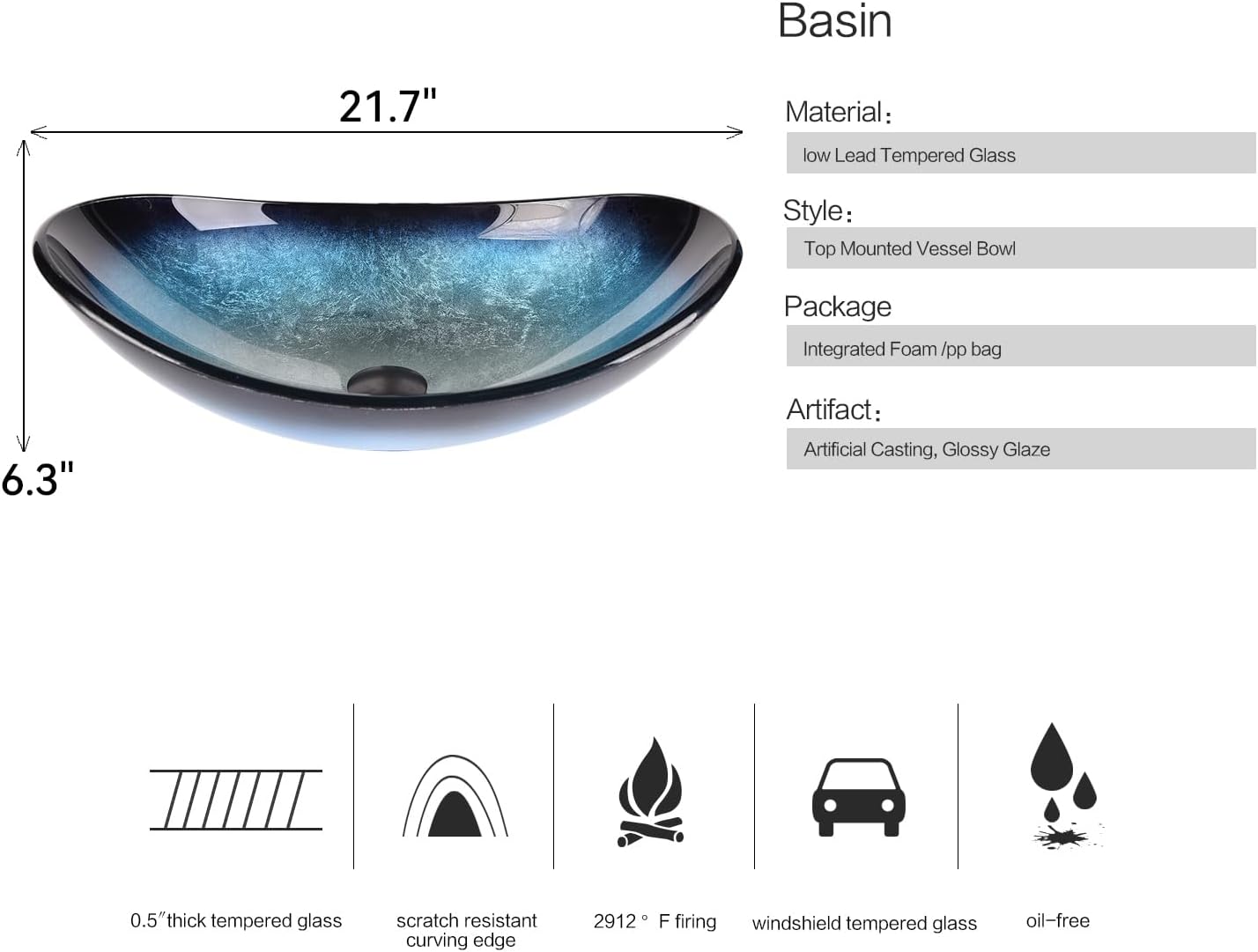 Bathroom Boat Shape Artistic Glass Vessel Sink