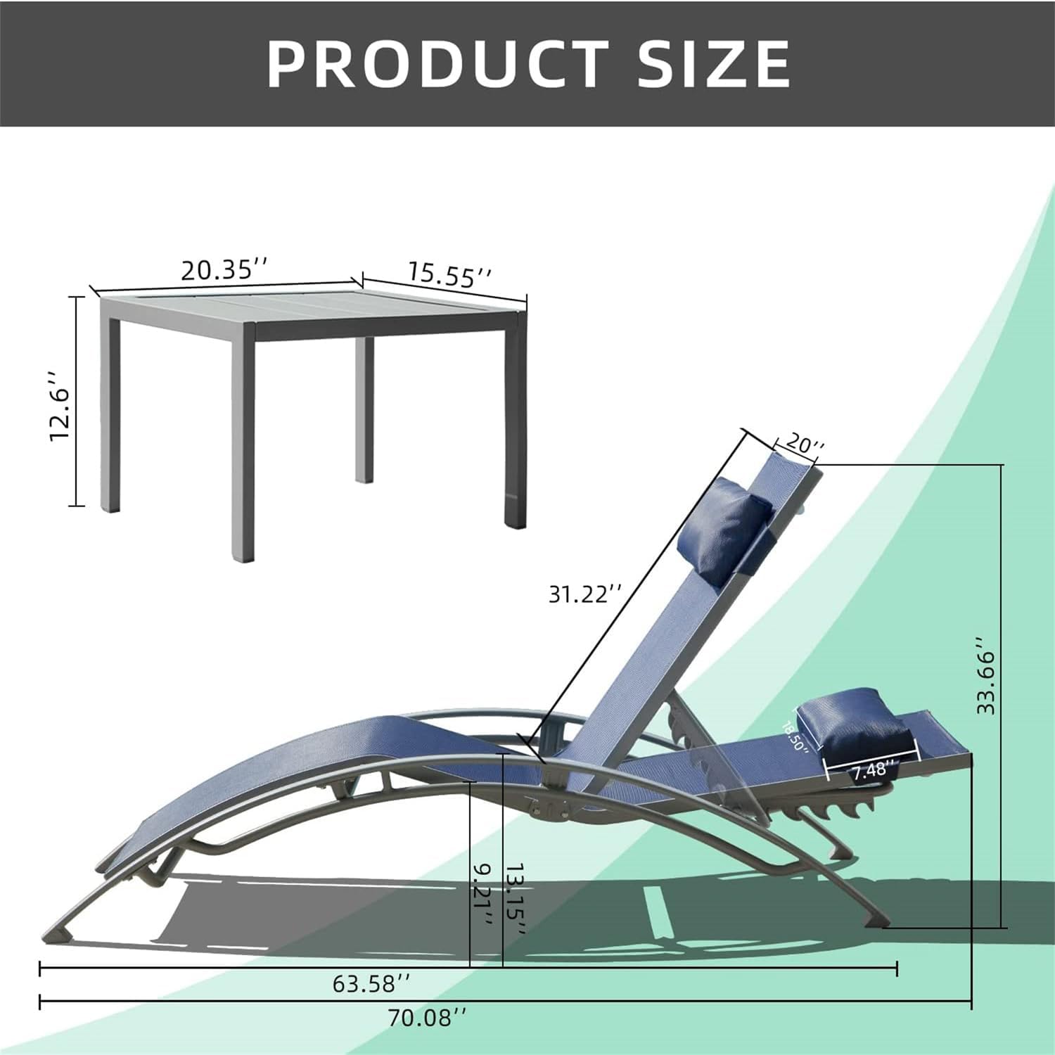 Lounge Chair Set of 3, Outdoor Aluminum Chaise Lounge Chairs with 5 Adjustable Positions