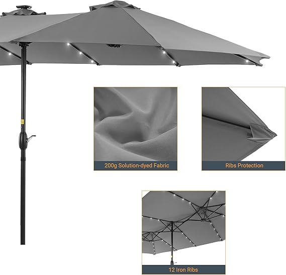 15ft Large Patio Umbrella with Solar Lights, No Base