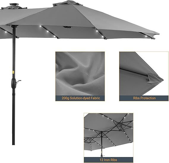 15ft Large Patio Umbrella with Solar Lights, No Base