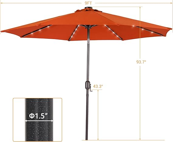 9 ft patio umbrella with solar lights, Orange