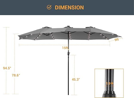 15ft Large Patio Umbrella with Solar Lights, No Base