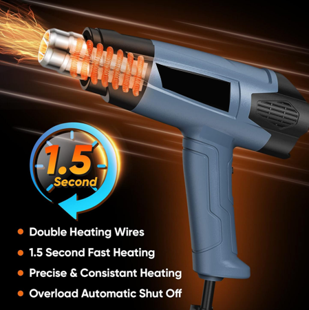 Heat Gun, Heavy Duty Fast Heating, Variable Control 120°F~1200°F (50℃-500℃) 4 Nozzles Heat Gun for Crafting, Shrink Tubing,Vinyl Wrap (Blue)