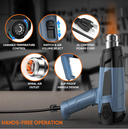 Heat Gun, Heavy Duty Fast Heating, Variable Control 120°F~1200°F (50℃-500℃) 4 Nozzles Heat Gun for Crafting, Shrink Tubing,Vinyl Wrap (Blue)