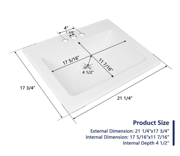 Rectangular White Drop-in Bathroom Sink With Overflow Hole