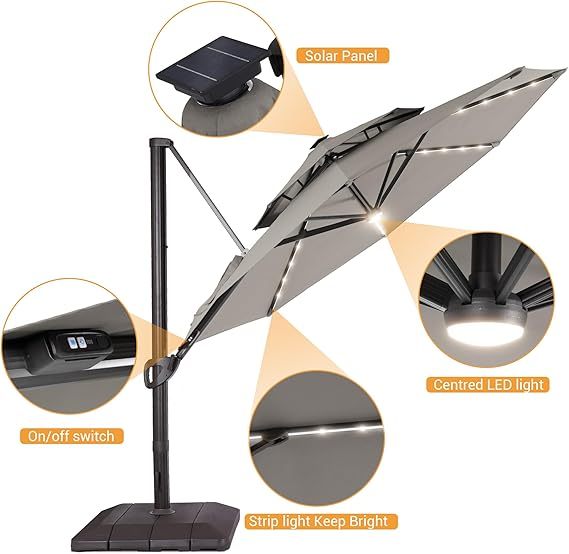 11FT Patio Umbrella with Solar Lights Outdoor Cantilever Umbrella with Base with 360-degree Rotation for Poolside
