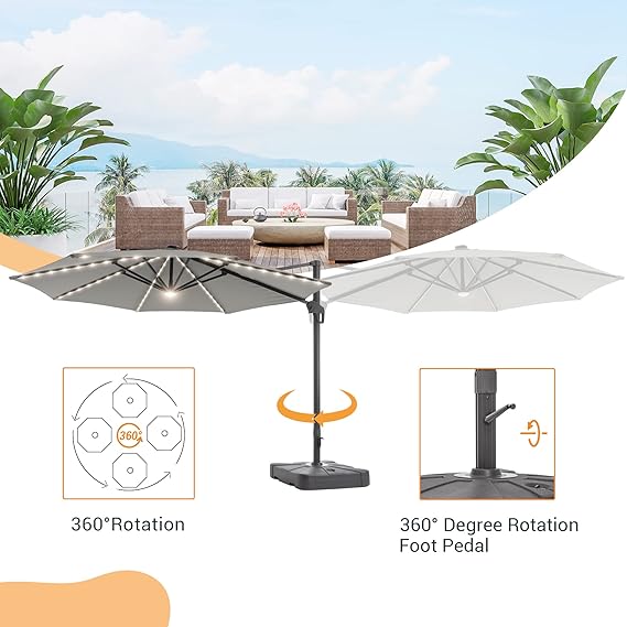11FT Patio Umbrella with Solar Lights Outdoor Cantilever Umbrella with Base Gray