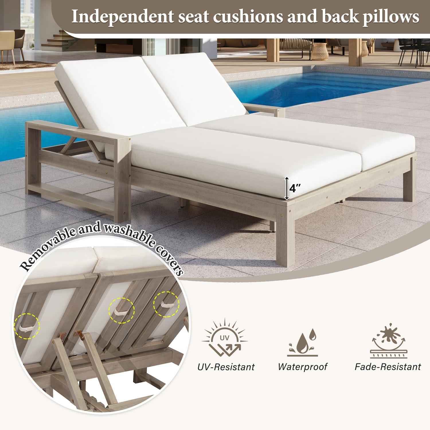 Outdoor Double Chaise Lounge Chair with Cushions, 2 Person Wood Patio Recliner with 5-Position Adjustable Backrests