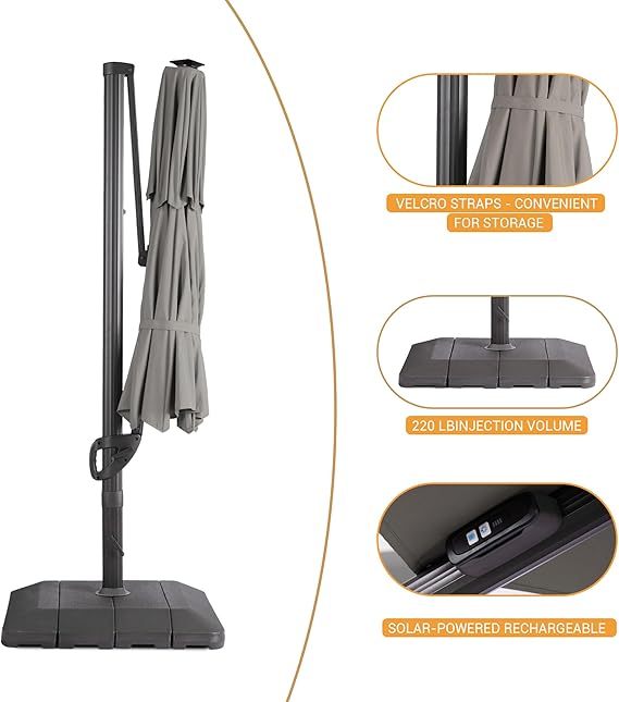 11FT Patio Umbrella with Solar Lights Outdoor Cantilever Umbrella with Base with 360-degree Rotation for Poolside