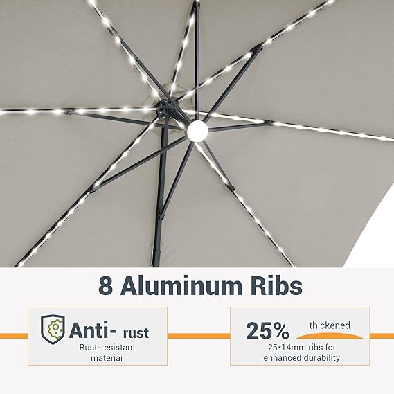 11FT Patio Umbrella with Solar Lights Outdoor Cantilever Umbrella with Base Gray