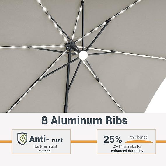 11FT Patio Umbrella with Solar Lights Outdoor Cantilever Umbrella with Base Gray