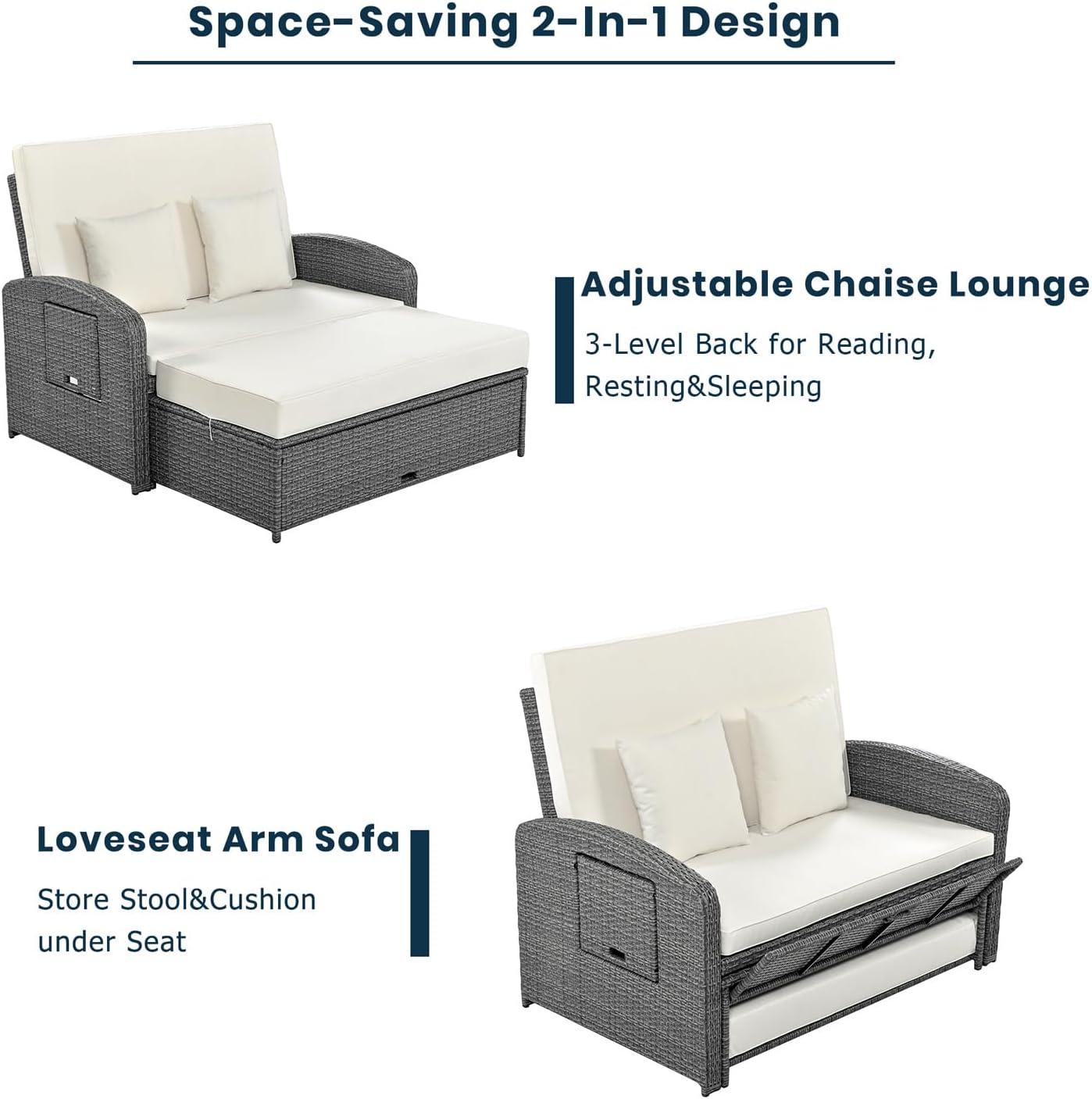 2 Person Patio PE Wicker Rattan Daybed Recliner with Cushions, Pillows, Storage Footrest & Protective Cover