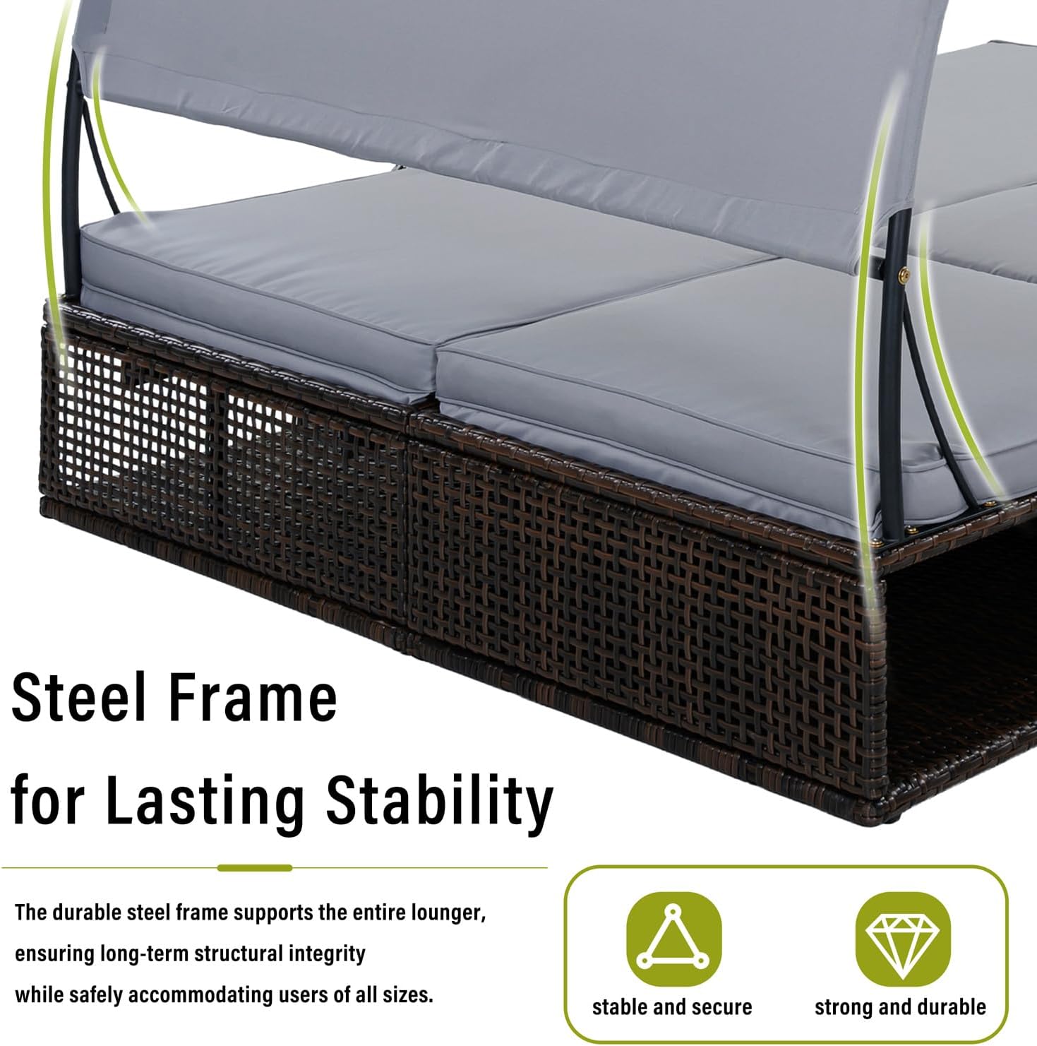 Outdoor Double Sun Lounger with Canopy, Steel Frame Patio Daybed with Adjustable Backrest