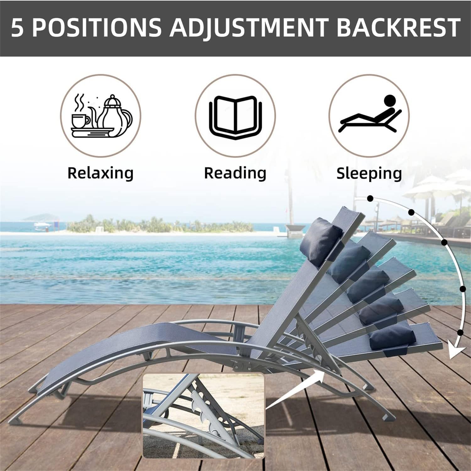 Lounge Chair Set of 3, Outdoor Aluminum Chaise Lounge Chairs with 5 Adjustable Positions