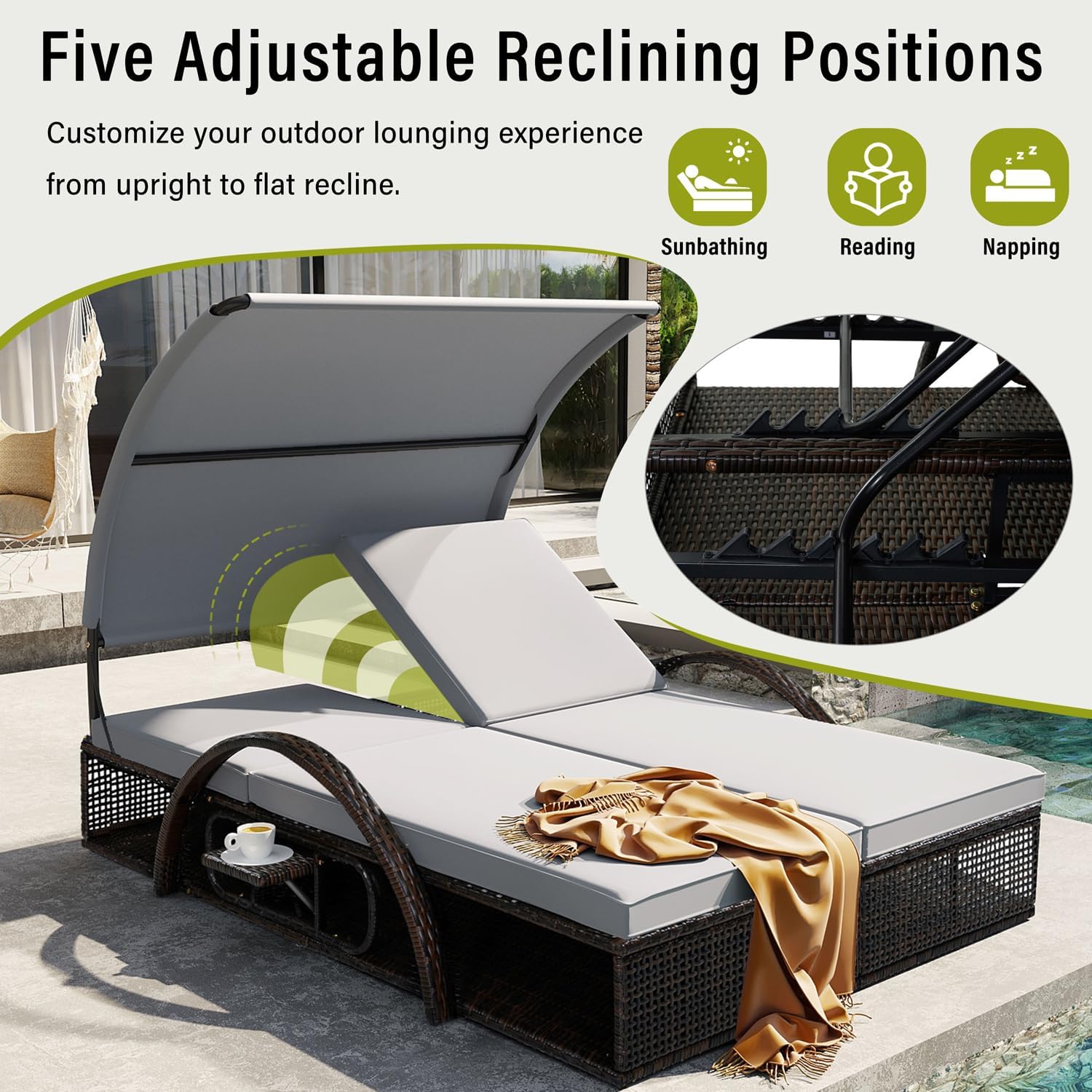 Outdoor Double Sun Lounger with Canopy, Steel Frame Patio Daybed with Adjustable Backrest