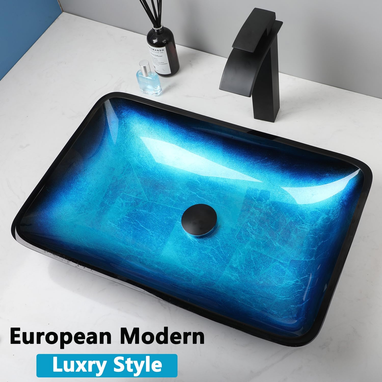 Bathroom Vessel Sink 22 Inch Blue Glass Sink Art Basin