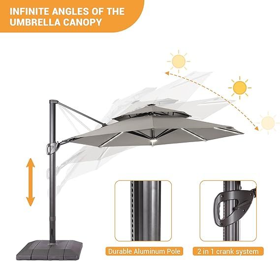 11FT Patio Umbrella with Solar Lights Outdoor Cantilever Umbrella with Base with 360-degree Rotation for Poolside